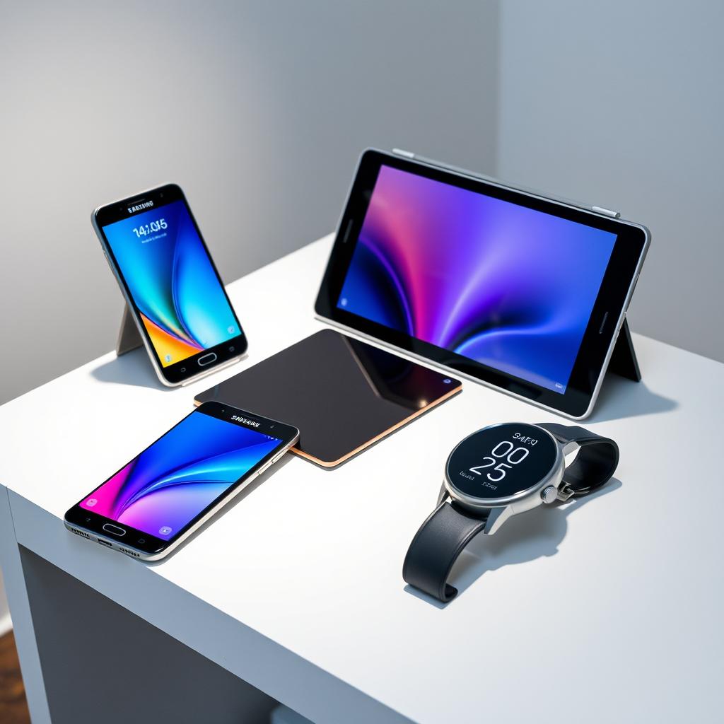 A collection of the latest Samsung electronic gadgets displayed on a sleek modern table