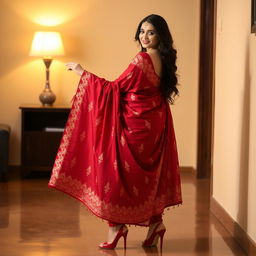 An Assamese woman in a graceful pose, wearing a beautifully styled Mekhela Chadar in rich colors