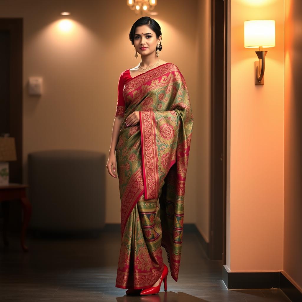 An Assamese woman in a beautifully designed Mekhela Chadar, featuring intricate patterns and vibrant colors