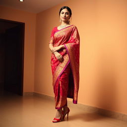 An Assamese woman in a beautifully designed Mekhela Chadar, featuring intricate patterns and vibrant colors