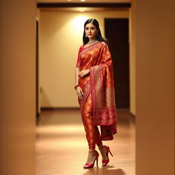 An Assamese woman in a beautifully designed Mekhela Chadar, featuring intricate patterns and vibrant colors