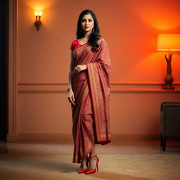 An Assamese woman in a beautifully designed Mekhela Chadar, featuring intricate patterns and vibrant colors