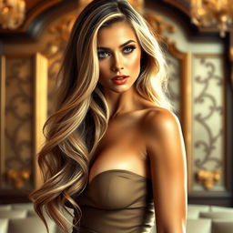 A beautiful, alluring woman with a captivating presence, her long, flowing hair cascading down in soft waves