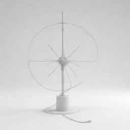 A detailed and technical depiction of a loop antenna structure, featuring its circular design, mounting structure, and cable connections, set against a simple white background for clarity.