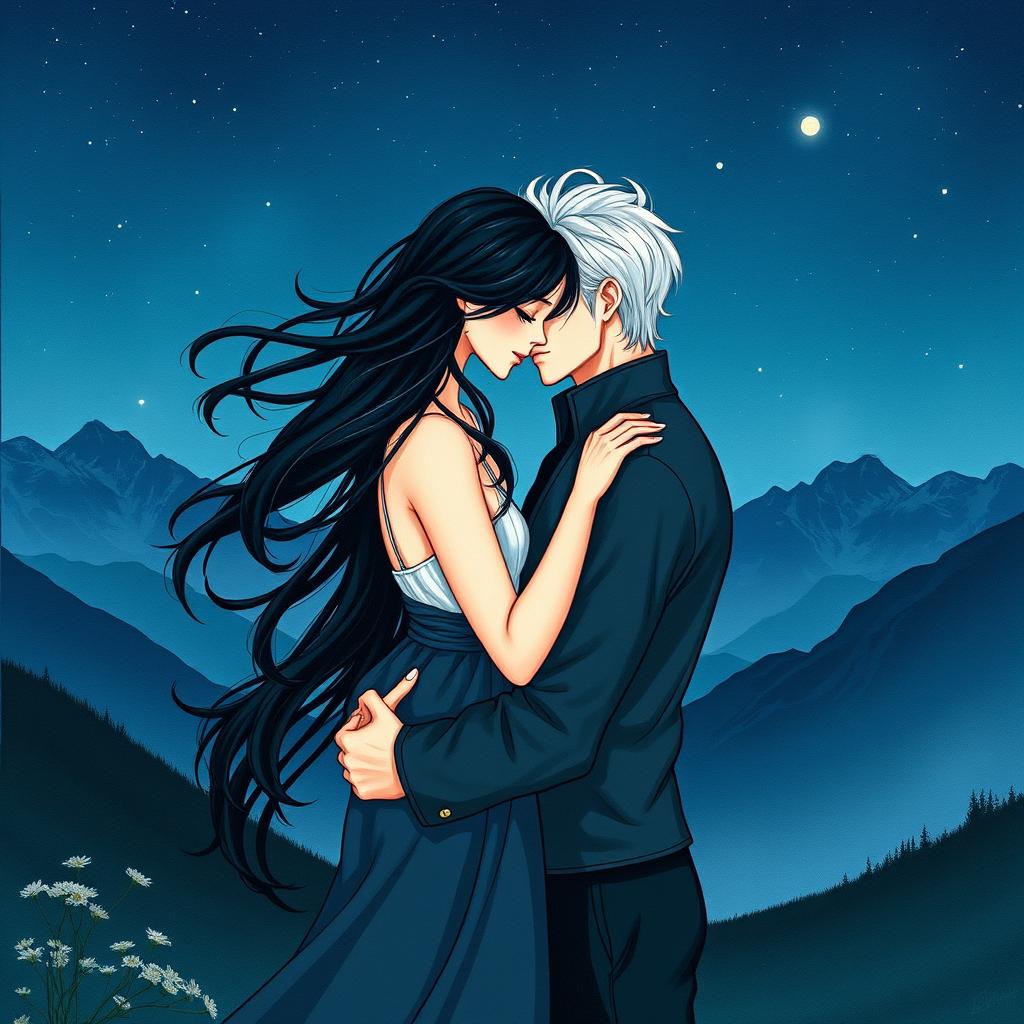 A serene night setting near the majestic mountains, where a woman with flowing black hair and a pristine white dress stands embracing a man dressed in all black with striking silver hair