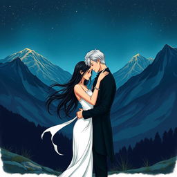 A serene night setting near the majestic mountains, where a woman with flowing black hair and a pristine white dress stands embracing a man dressed in all black with striking silver hair