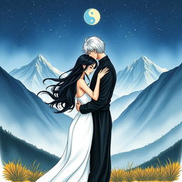 A serene night setting near the majestic mountains, where a woman with flowing black hair and a pristine white dress stands embracing a man dressed in all black with striking silver hair