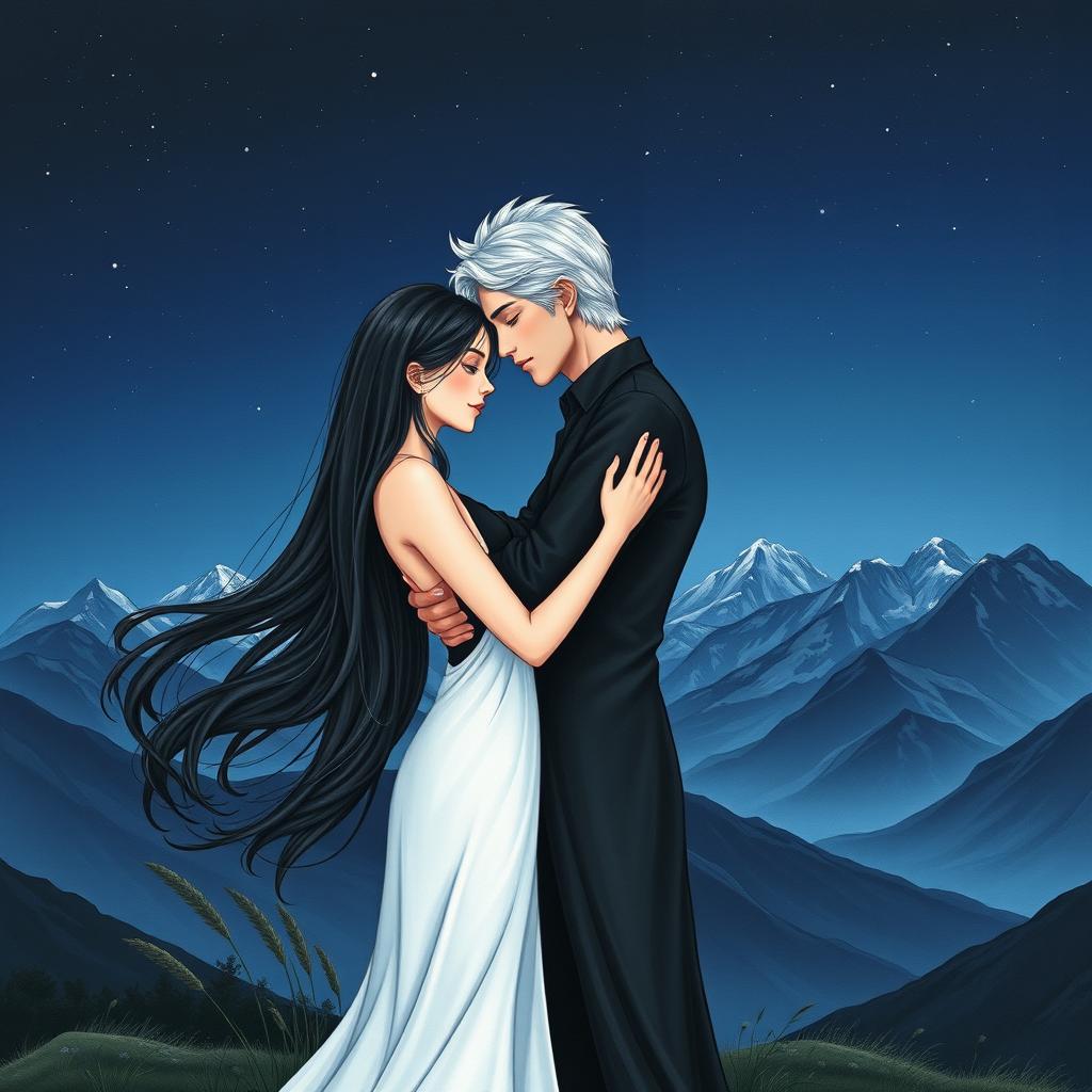 A serene night setting near the majestic mountains, where a woman with flowing black hair and a pristine white dress stands embracing a man dressed in all black with striking silver hair