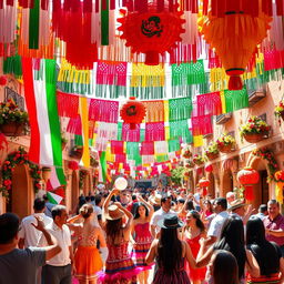 A vibrant Mexican fiesta scene filled with colorful decorations and festive elements