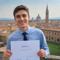 A 22-year-old successful candidate celebrating as he receives his acceptance letter from IMAT, with the iconic buildings of Parma University, Italy in the background.