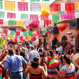 A vibrant Mexican fiesta scene filled with colorful decorations and festive elements