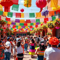 A vibrant Mexican fiesta scene filled with colorful decorations and festive elements