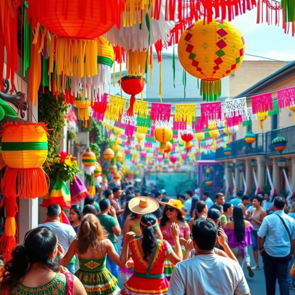 A vibrant Mexican fiesta scene filled with colorful decorations and festive elements