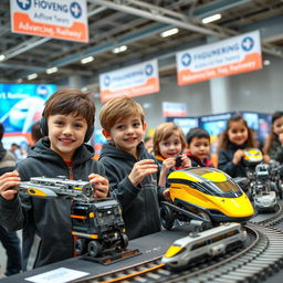 A futuristic children's engineering competition showcasing innovative transportation inventions for future railways