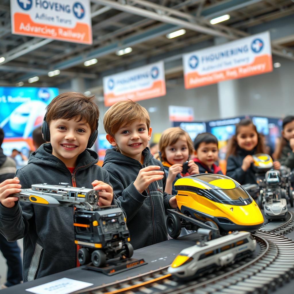A futuristic children's engineering competition showcasing innovative transportation inventions for future railways