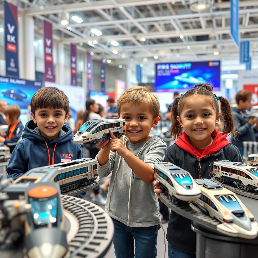 A futuristic children's engineering competition showcasing innovative transportation inventions for future railways