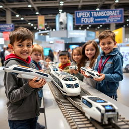A futuristic children's engineering competition showcasing innovative transportation inventions for future railways