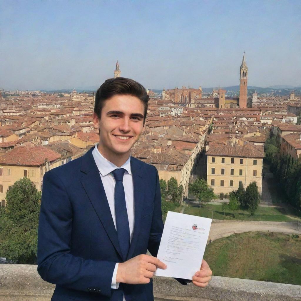 A 22-year-old successful candidate celebrating as he receives his acceptance letter from IMAT, with the iconic buildings of Parma University, Italy in the background.