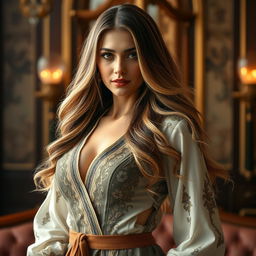 A beautiful, alluring woman with a captivating presence, her long, flowing hair cascading down in soft waves