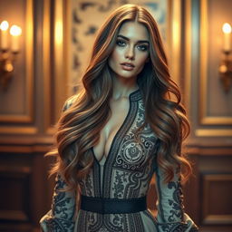 A beautiful, alluring woman with a captivating presence, her long, flowing hair cascading down in soft waves