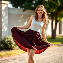 A young woman with her skirt lifted slightly above her knees, standing outdoors in a playful and confident pose