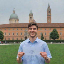 A 22-year-old successful candidate celebrating as he receives his acceptance letter from IMAT, with the iconic buildings of Parma University, Italy in the background.