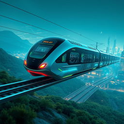 Futuristic train design flying above magnetic rails, sleek aerodynamic body, integrated with smart AI technology, solar panels and green energy emission, passengers in a comfortable high-tech interior with holographic displays