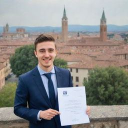 A 22-year-old successful candidate celebrating as he receives his acceptance letter from IMAT, with the iconic buildings of Parma University, Italy in the background.