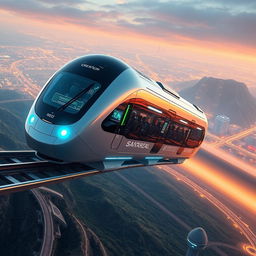 Futuristic train design flying above magnetic rails, sleek aerodynamic body, integrated with smart AI technology, solar panels and green energy emission, passengers in a comfortable high-tech interior with holographic displays