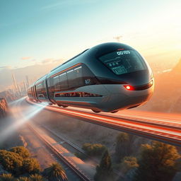 Futuristic train design flying above magnetic rails, sleek aerodynamic body, integrated with smart AI technology, solar panels and green energy emission, passengers in a comfortable high-tech interior with holographic displays