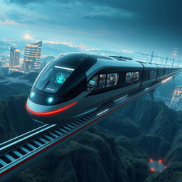 Futuristic train design flying above magnetic rails, sleek aerodynamic body, integrated with smart AI technology, solar panels and green energy emission, passengers in a comfortable high-tech interior with holographic displays