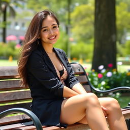 A young woman sitting on a park bench, wearing a stylish outfit with a focus on her playful expression and lively surroundings