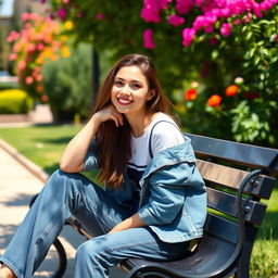 A young woman sitting on a park bench, wearing a stylish outfit with a focus on her playful expression and lively surroundings