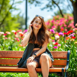 A young woman sitting on a park bench, wearing a stylish outfit with a focus on her playful expression and lively surroundings