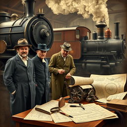 Historical portrayal of the first transportation engineers for railways, showcasing the early development and innovations in railway engineering