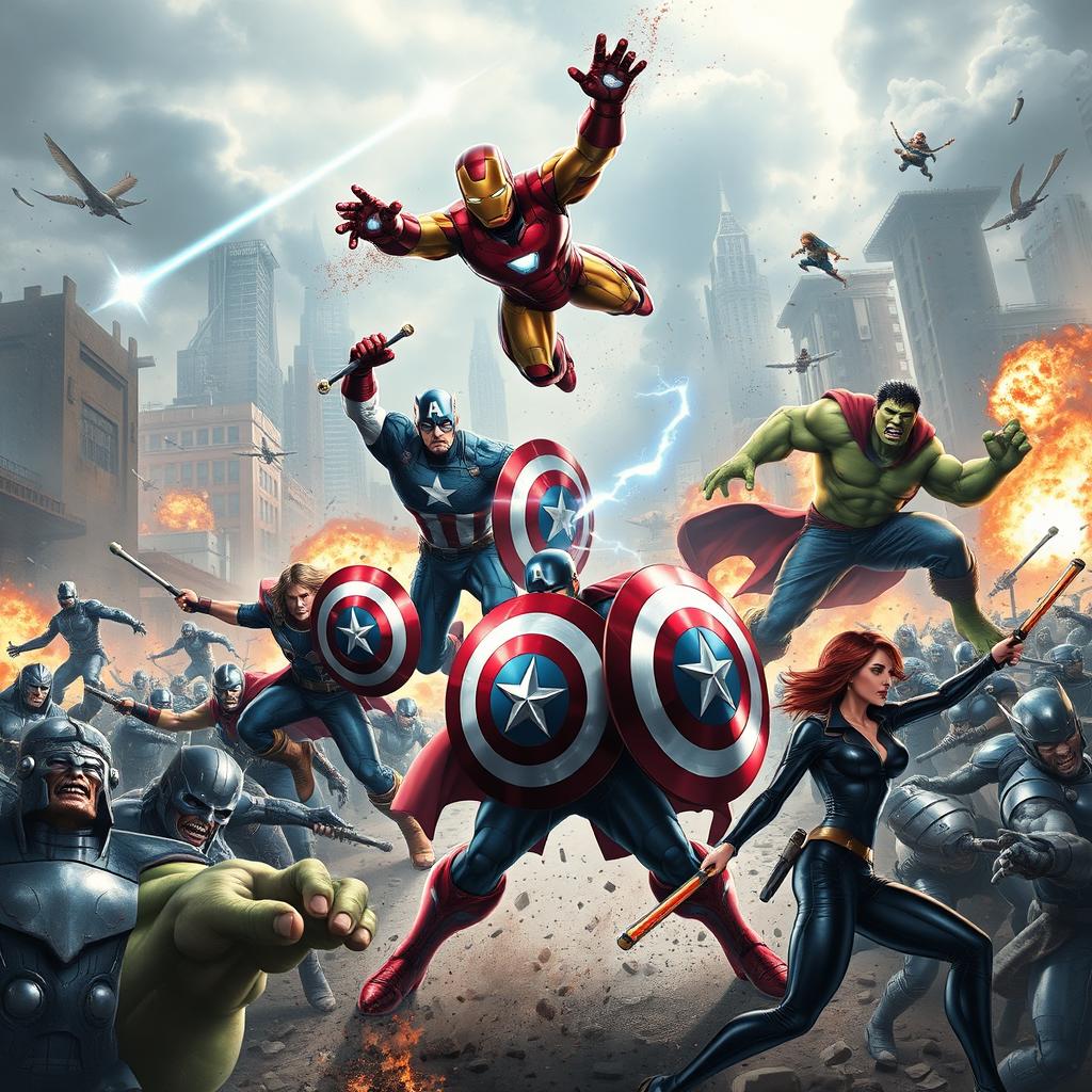 A dynamic and action-packed scene featuring the Avengers team, consisting of Iron Man, Captain America, Thor, Hulk, and Black Widow