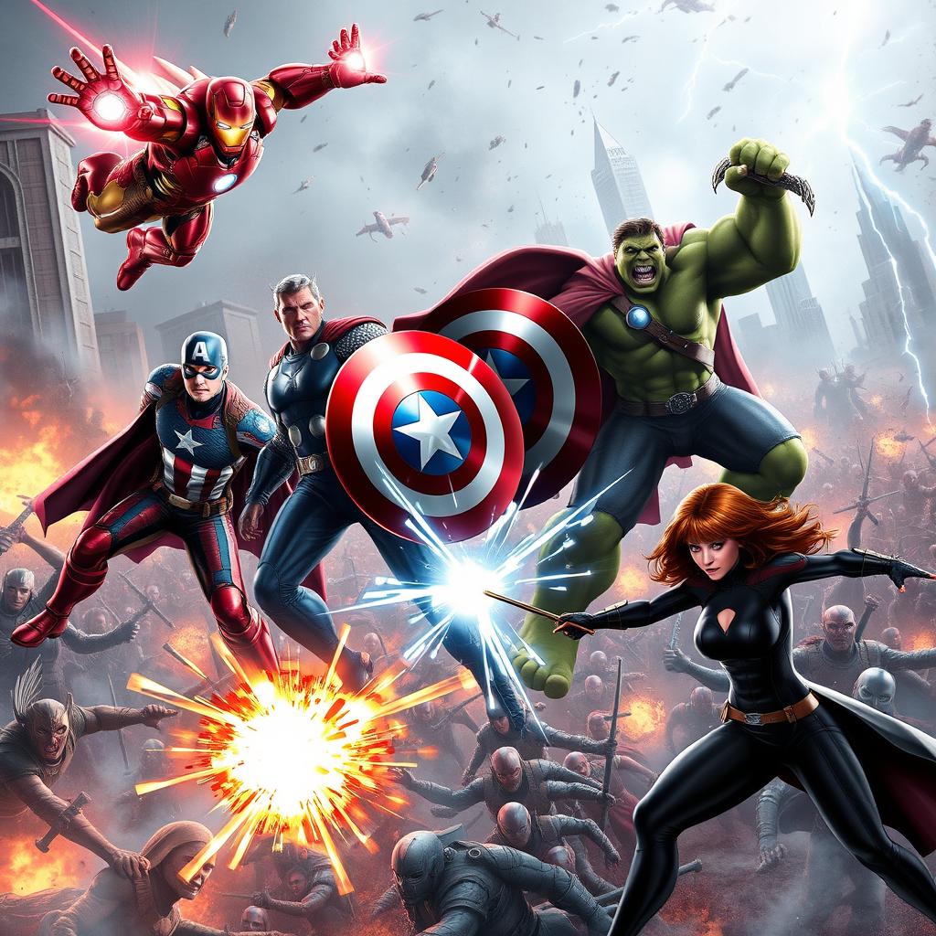 A dynamic and action-packed scene featuring the Avengers team, consisting of Iron Man, Captain America, Thor, Hulk, and Black Widow