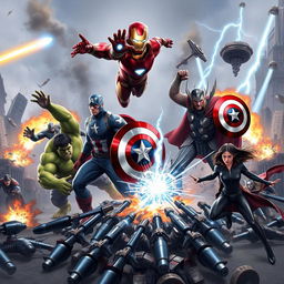 A dynamic and action-packed scene featuring the Avengers team, consisting of Iron Man, Captain America, Thor, Hulk, and Black Widow