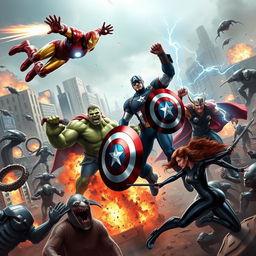 A dynamic and action-packed scene featuring the Avengers team, consisting of Iron Man, Captain America, Thor, Hulk, and Black Widow