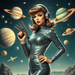 A 1950s-inspired space girl with futuristic, retro space attire, standing amidst starry skies and vintage spacecraft, capturing the playful and adventurous spirit of the era