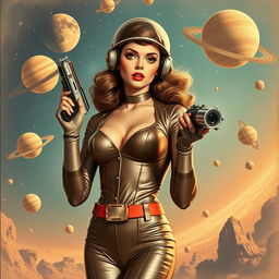 A 1950s-inspired space girl with futuristic, retro space attire, standing amidst starry skies and vintage spacecraft, capturing the playful and adventurous spirit of the era