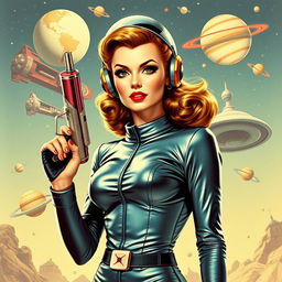 A 1950s-inspired space girl with futuristic, retro space attire, standing amidst starry skies and vintage spacecraft, capturing the playful and adventurous spirit of the era