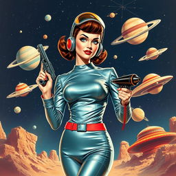 A 1950s-inspired space girl with futuristic, retro space attire, standing amidst starry skies and vintage spacecraft, capturing the playful and adventurous spirit of the era