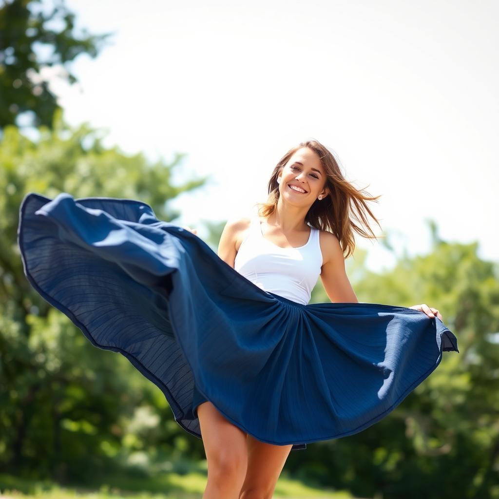 A woman wearing a short skirt caught in a gentle breeze, playfully lifting the fabric