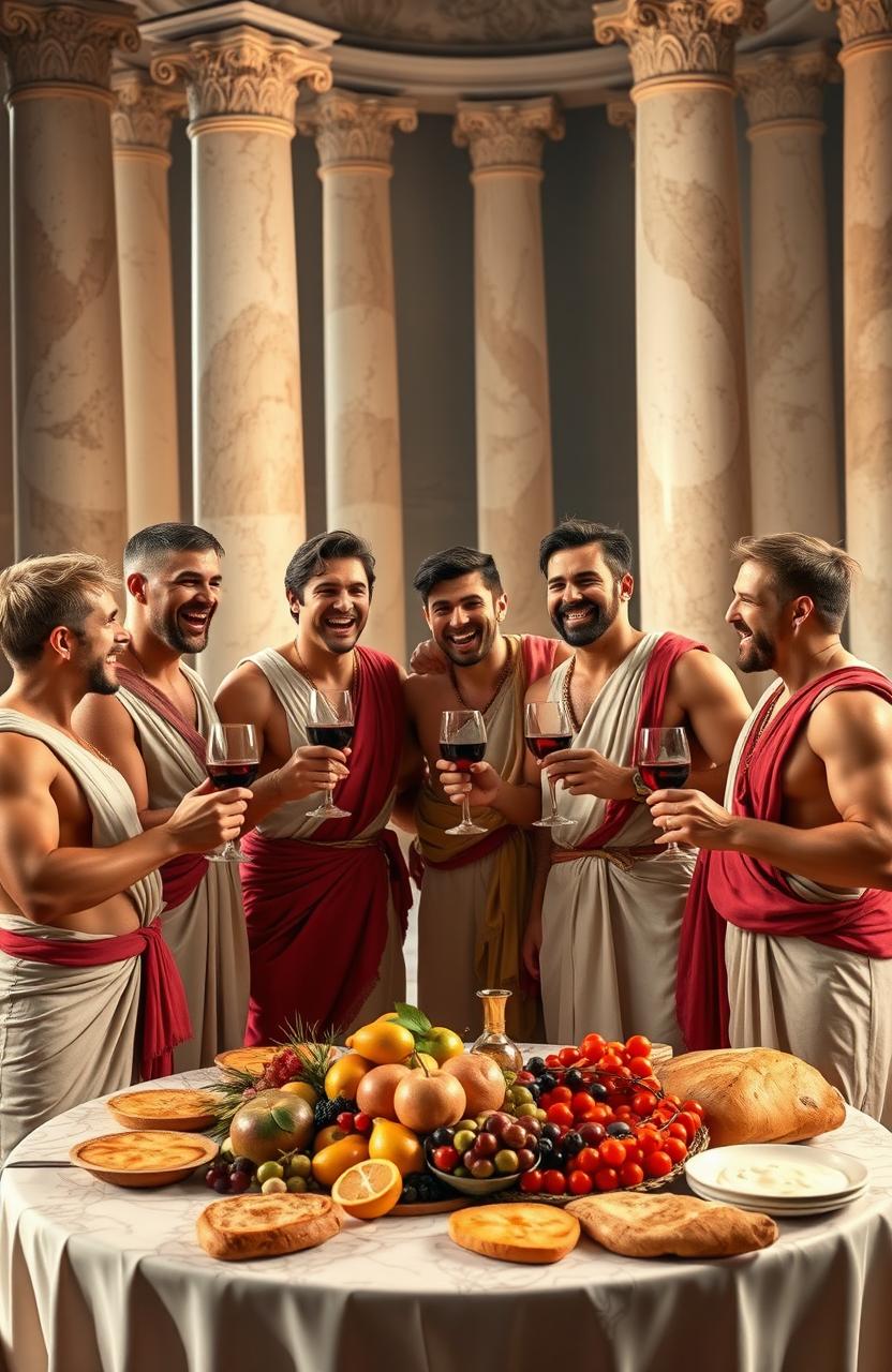 Six muscular male friends wearing traditional Roman togas, laughing and celebrating energetically