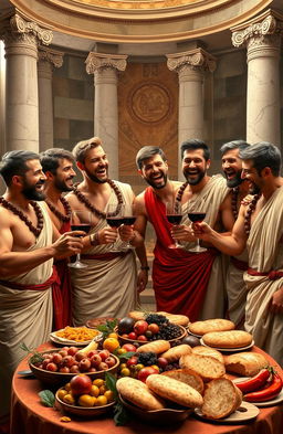 Six muscular male friends wearing traditional Roman togas, laughing and celebrating energetically