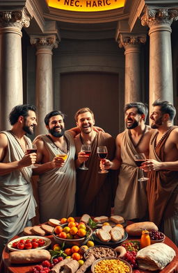 Six muscular male friends wearing traditional Roman togas, laughing and celebrating energetically