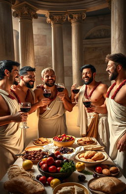 Six muscular male friends wearing traditional Roman togas, laughing and celebrating energetically