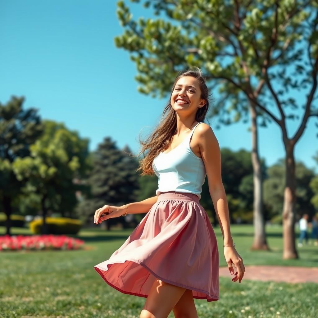 A woman in a park experiencing a playful breeze that lifts her short skirt