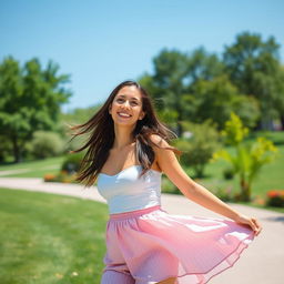 A woman in a park experiencing a playful breeze that lifts her short skirt